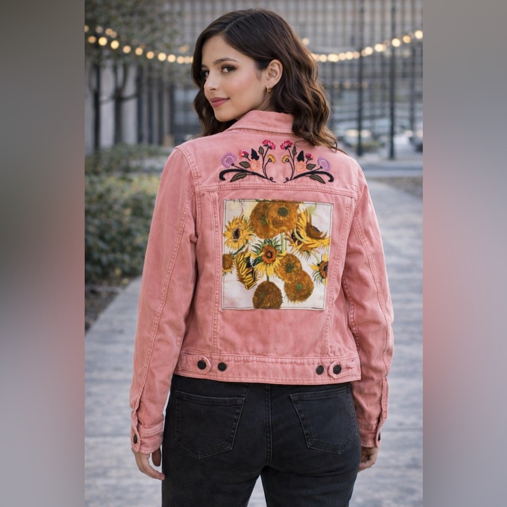 Hand Crafted Pink Embroidered Sunflower Jean Jacket